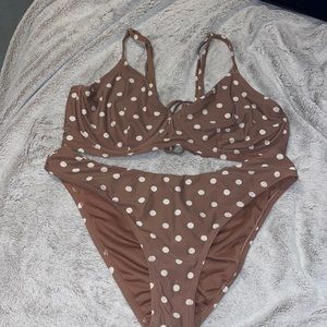 two piece brown polka dot bathing suit